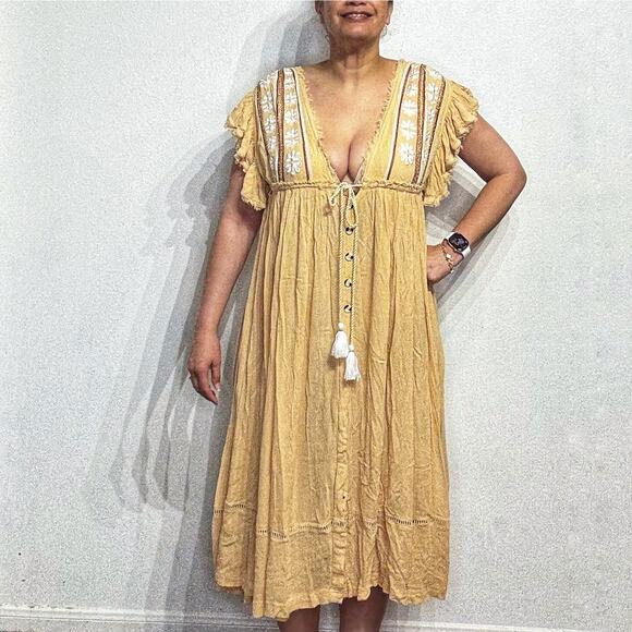 Free People Bali Will Wait For You Embroidered Midi Dress Sz L - Picture 1 of 12